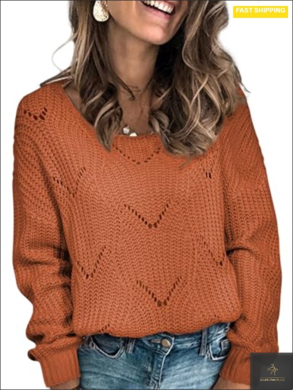 Crewneck Cute Elegant Soft Long Sleeve Hollow Cable Knit Pullover Tops